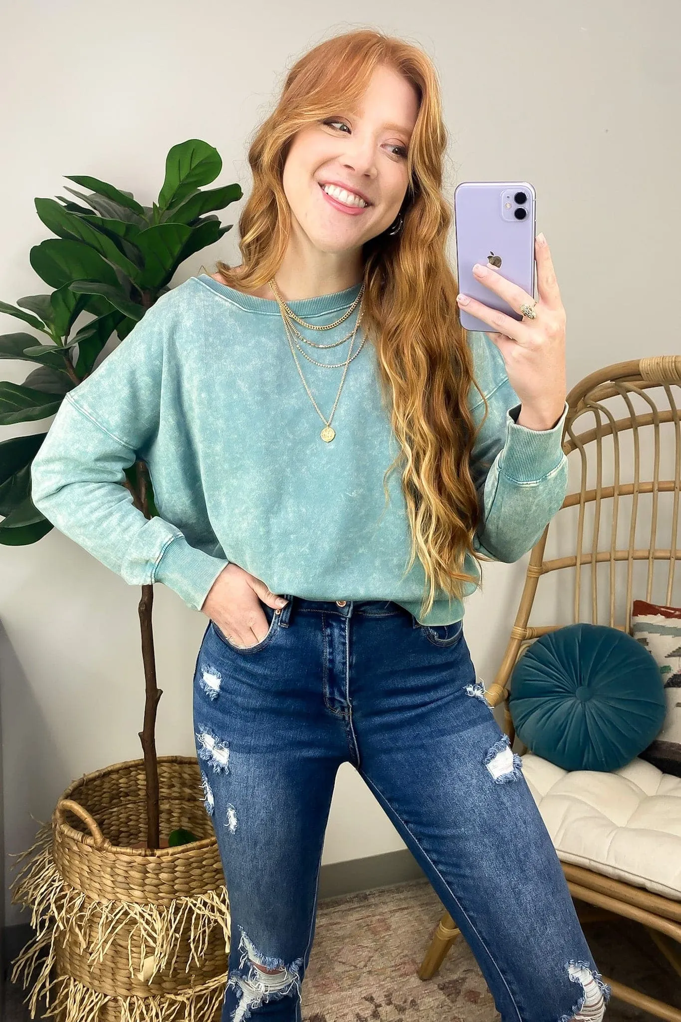Louetta Acid Wash Boat Neck Pullover - FINAL SALE