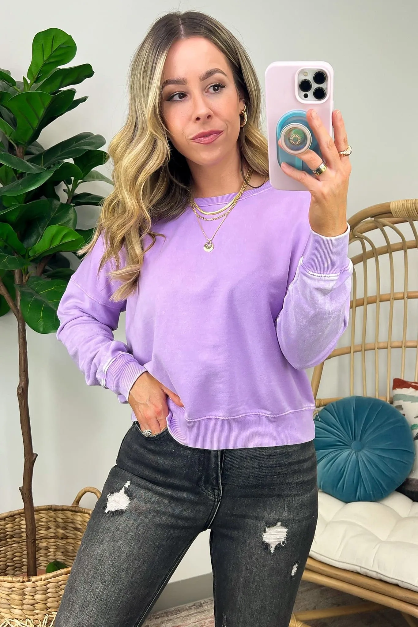 Louetta Acid Wash Boat Neck Pullover - FINAL SALE