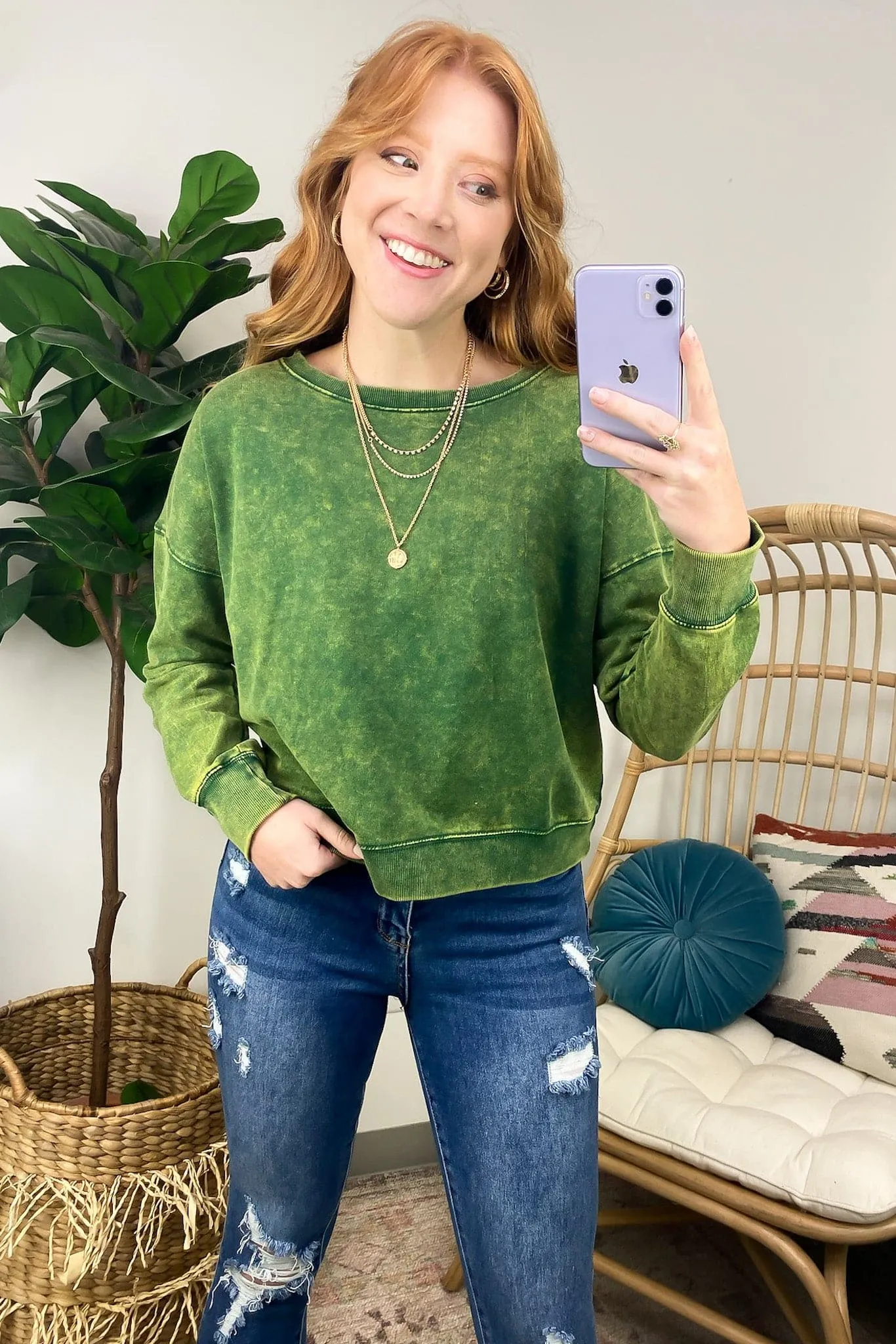 Louetta Acid Wash Boat Neck Pullover - FINAL SALE