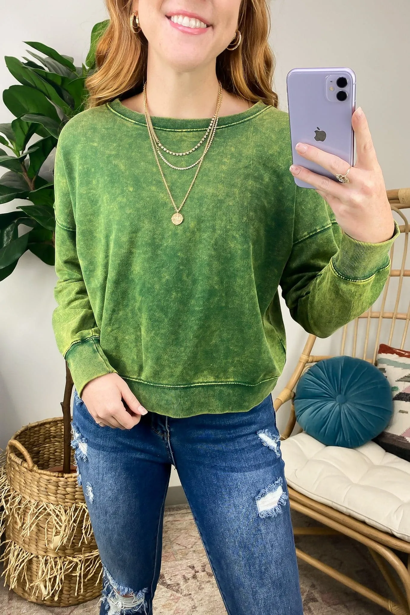 Louetta Acid Wash Boat Neck Pullover - FINAL SALE