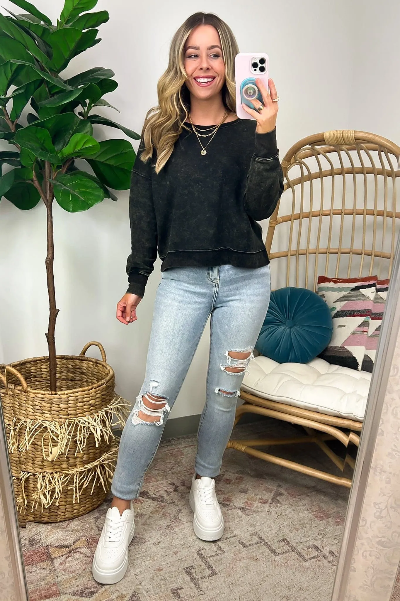 Louetta Acid Wash Boat Neck Pullover - FINAL SALE