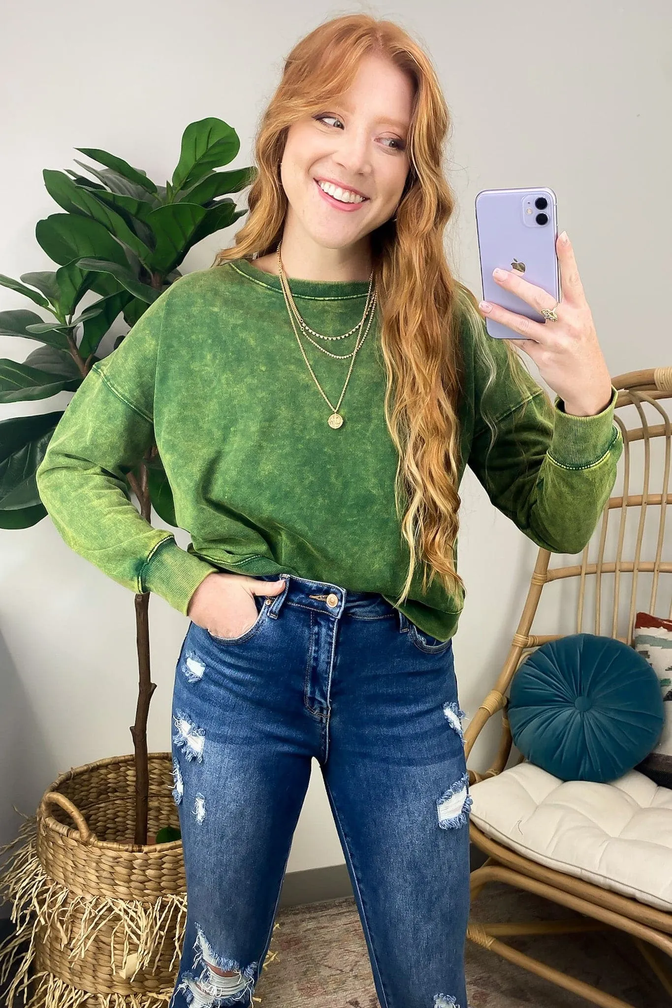 Louetta Acid Wash Boat Neck Pullover - FINAL SALE