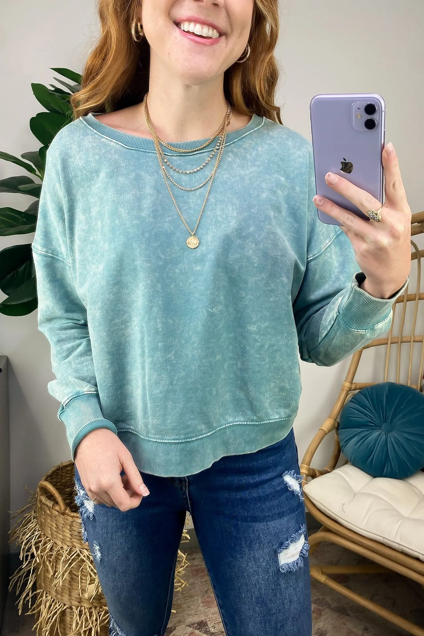 Louetta Acid Wash Boat Neck Pullover - FINAL SALE