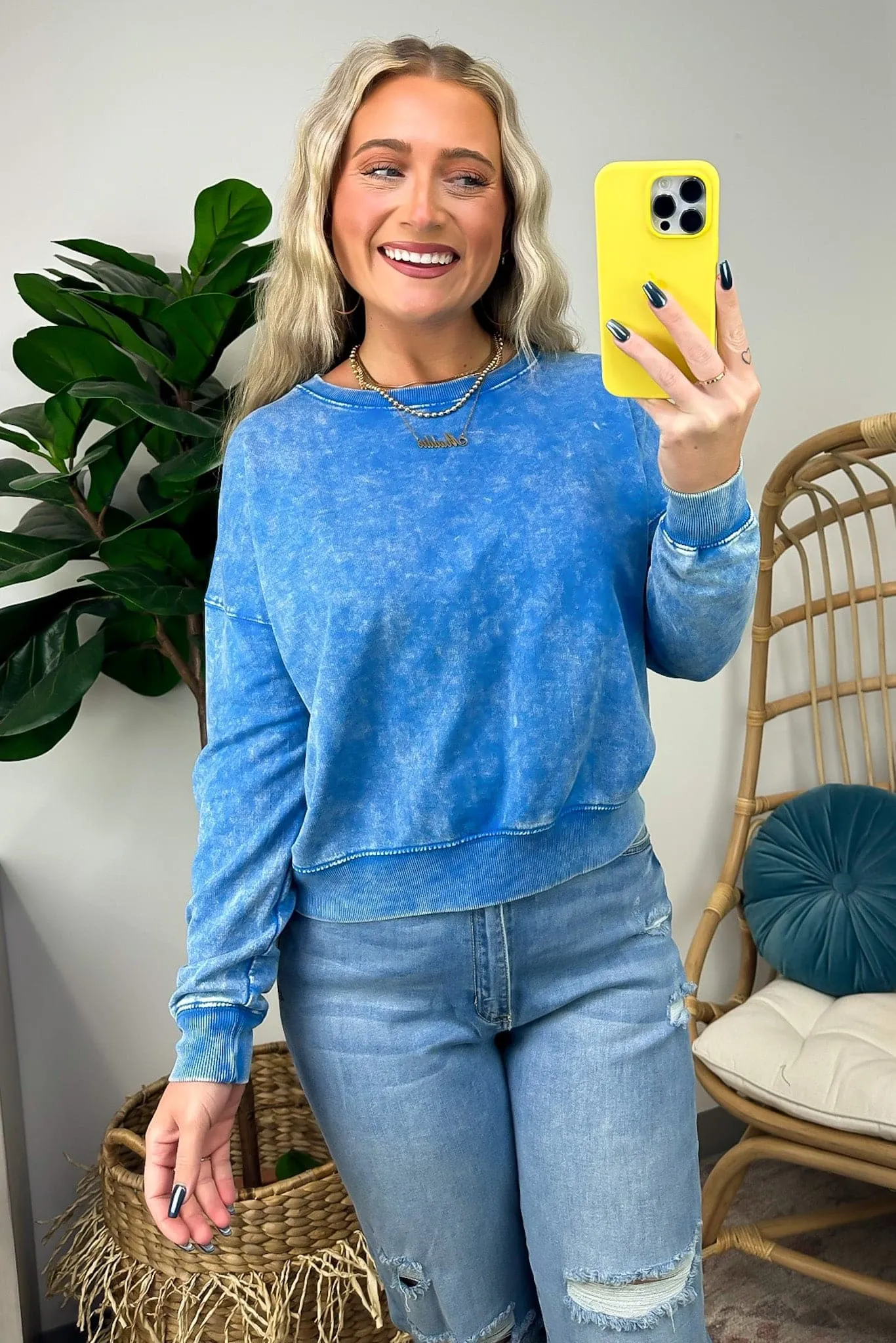 Louetta Acid Wash Boat Neck Pullover - FINAL SALE