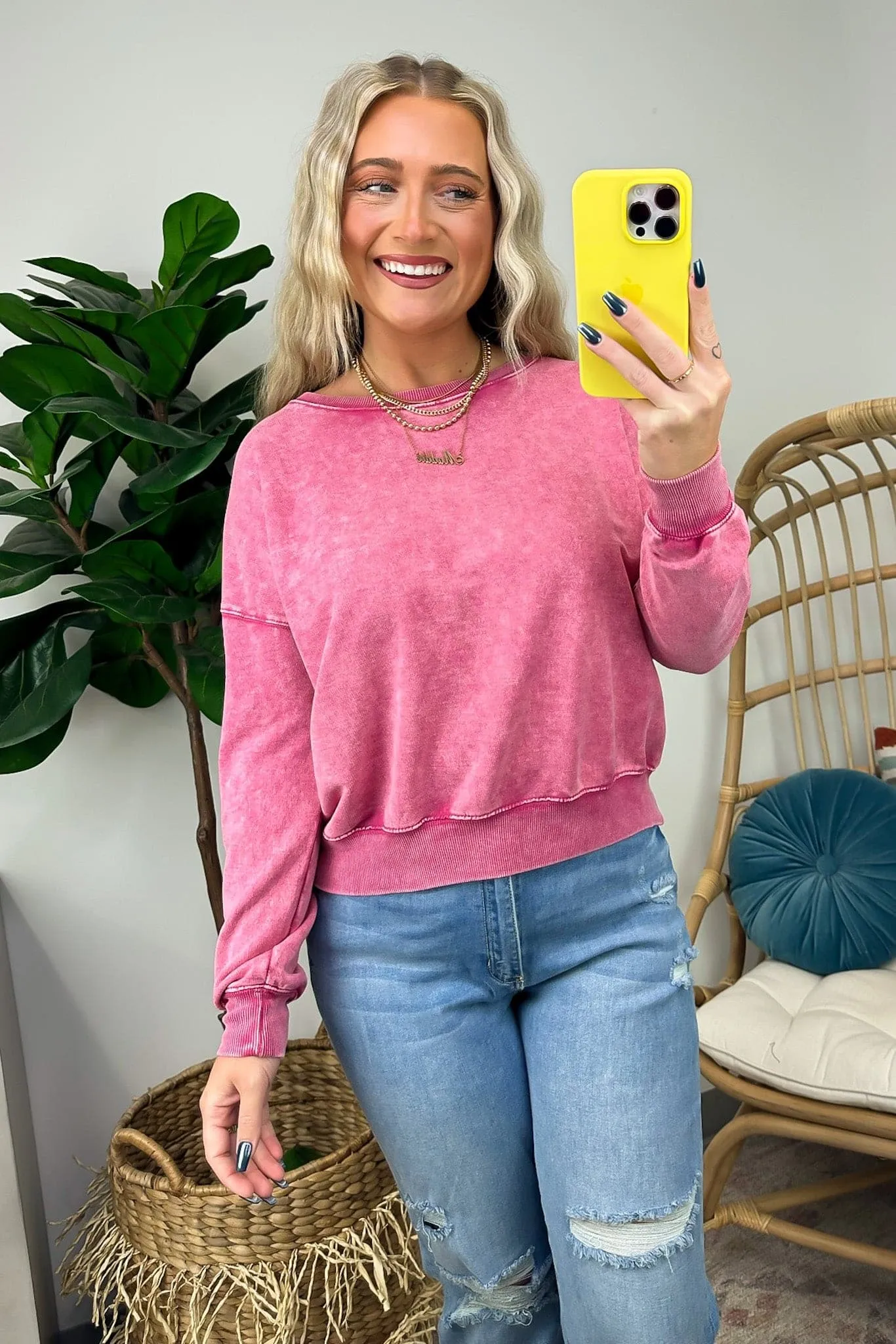 Louetta Acid Wash Boat Neck Pullover - FINAL SALE