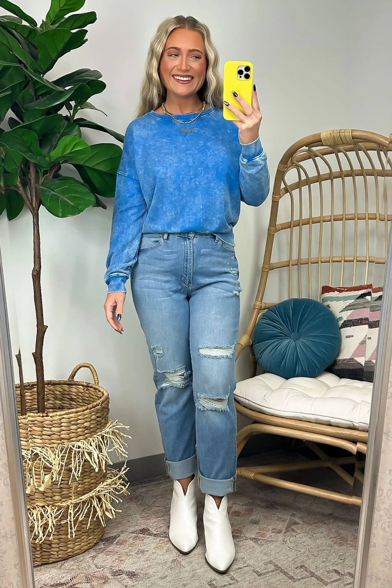 Louetta Acid Wash Boat Neck Pullover - FINAL SALE