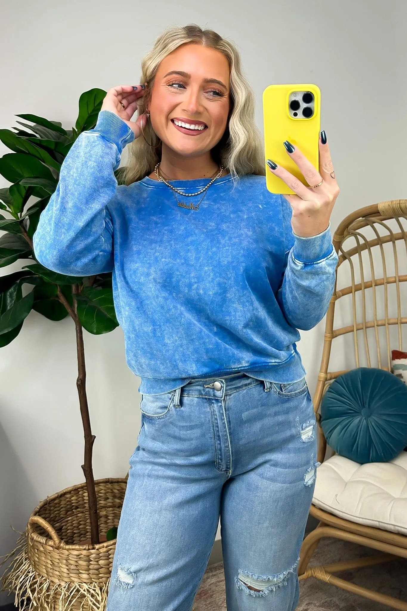 Louetta Acid Wash Boat Neck Pullover - FINAL SALE