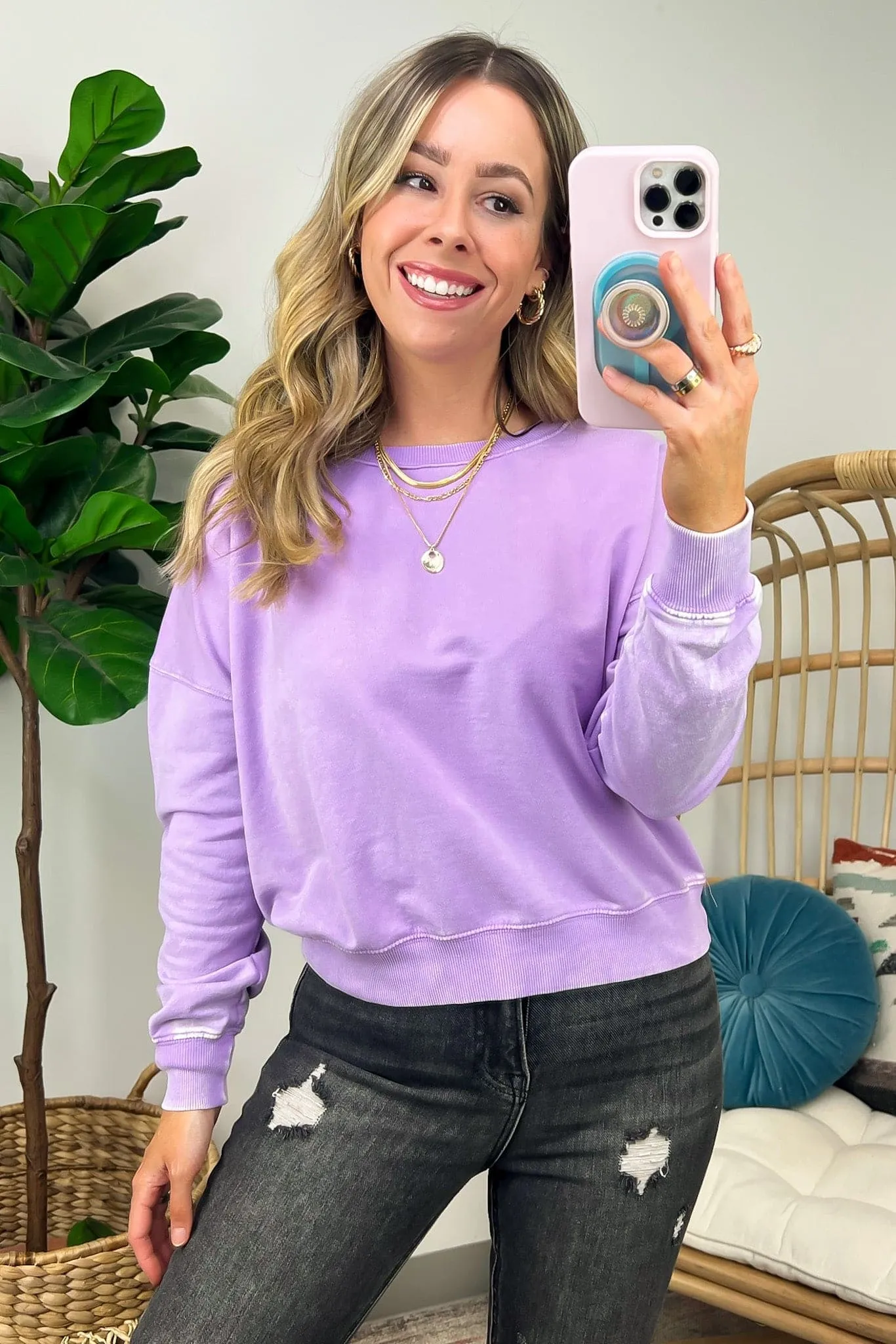 Louetta Acid Wash Boat Neck Pullover - FINAL SALE